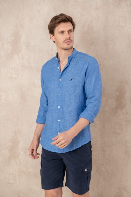 Camisa Lino cuello Mao Blue