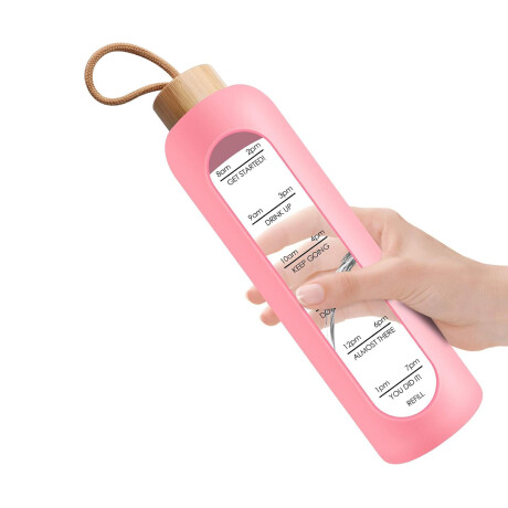 Botella de vidrio con funda de silicona y tapa de bambú con frases motivacionales Rosa