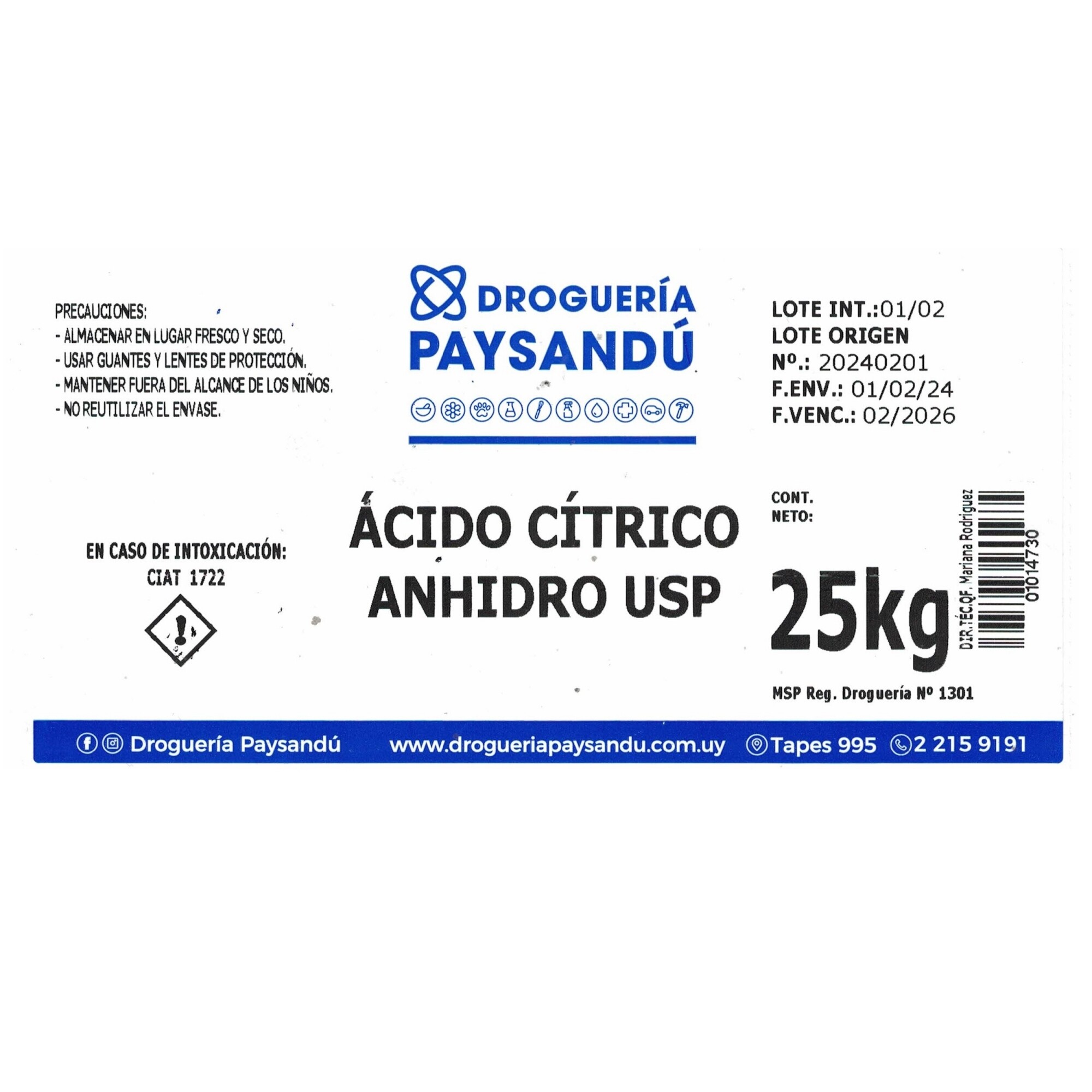 Ácido Cítrico Anhidro - 1 Kg — Droguería Paysandú