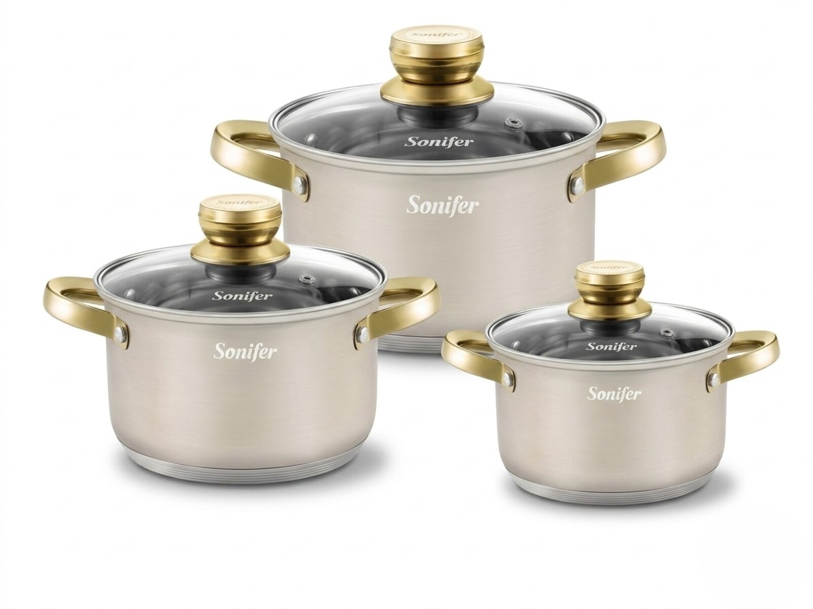 Batería De Cocina Sonifer Efecto Piedra C/tapa De Vidrio 6pc - Acero 
