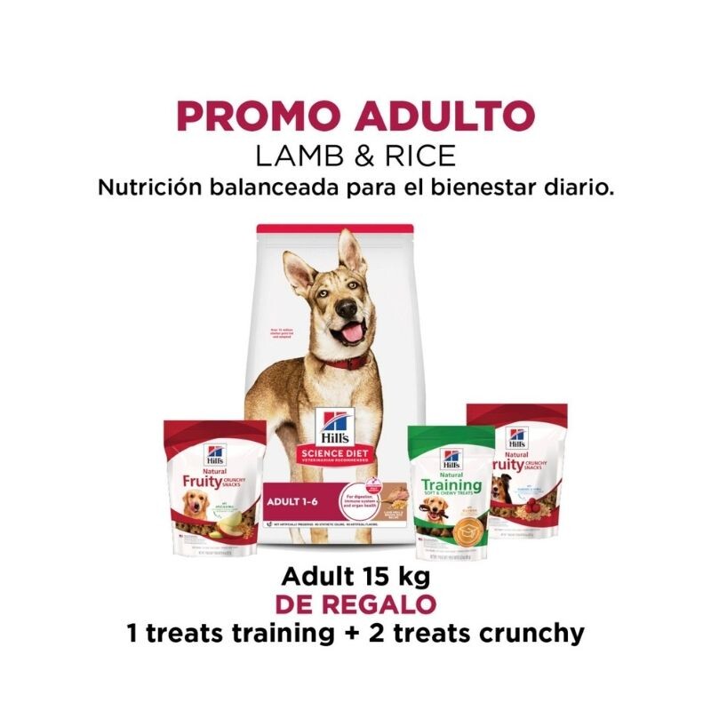 PROMO ADULTO - Hill's Science Diet Adult Lamb Meal & Brown Rice 15 kgs + 1 Treats Training + 2 Treats Crunchy de Obsequio! PROMO ADULTO - Hill's Science Diet Adult Lamb Meal & Brown Rice 15 kgs + 1 Treats Training + 2 Treats Crunchy de Obsequio!