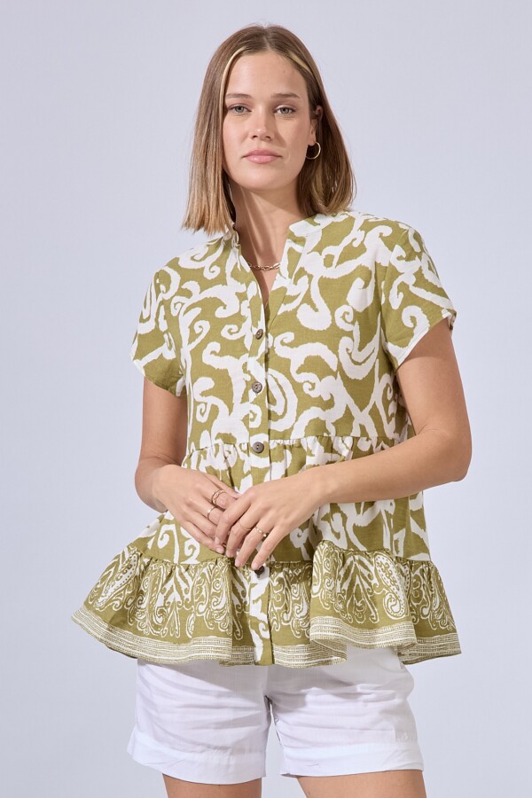 Blusa Lino Arabescos OLIVA/MULTI