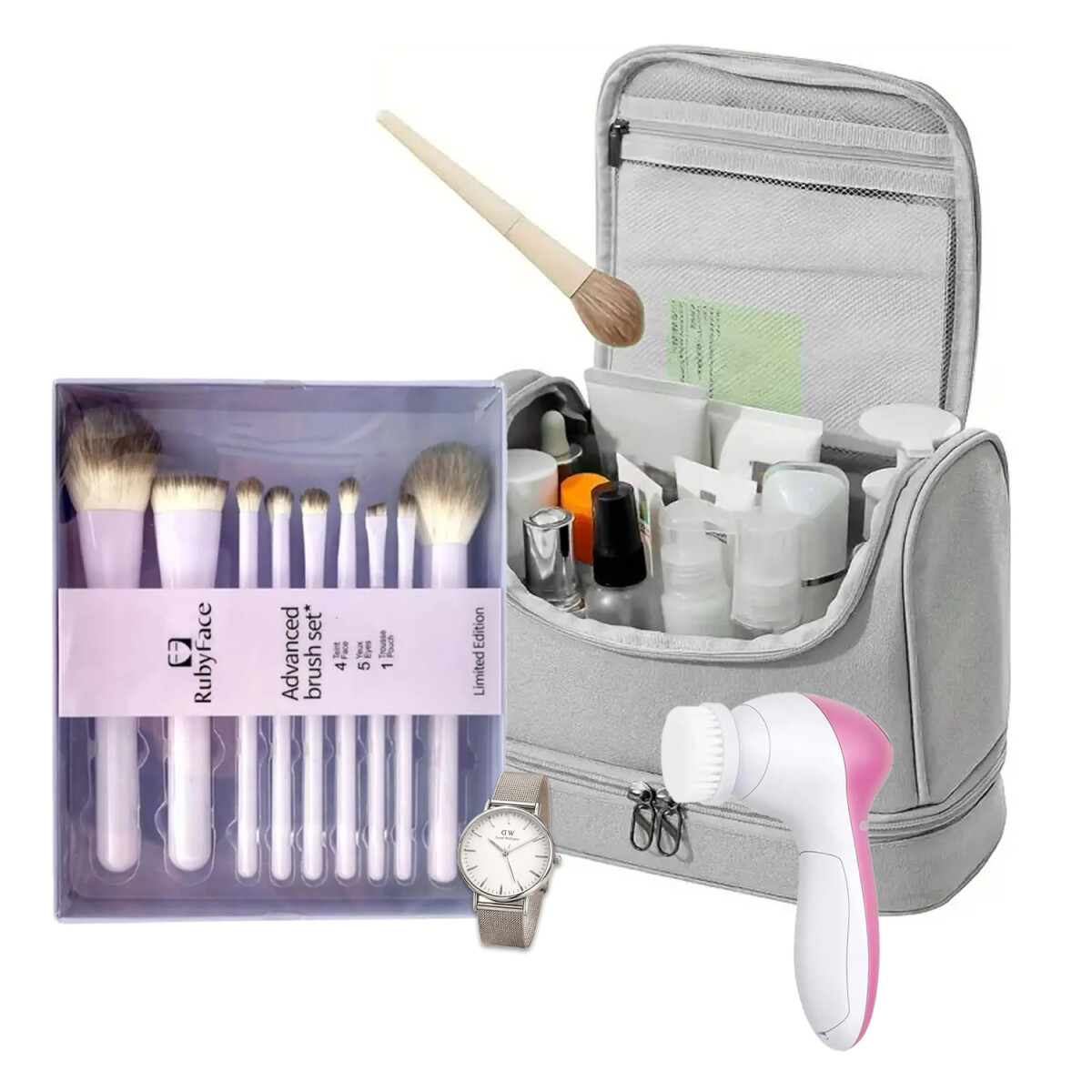 Set Reloj Mujer + Brochas Maquillaje + Neceser + Spa Facial - Plateado 