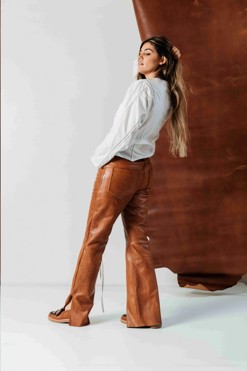 Leather jeans camel 34