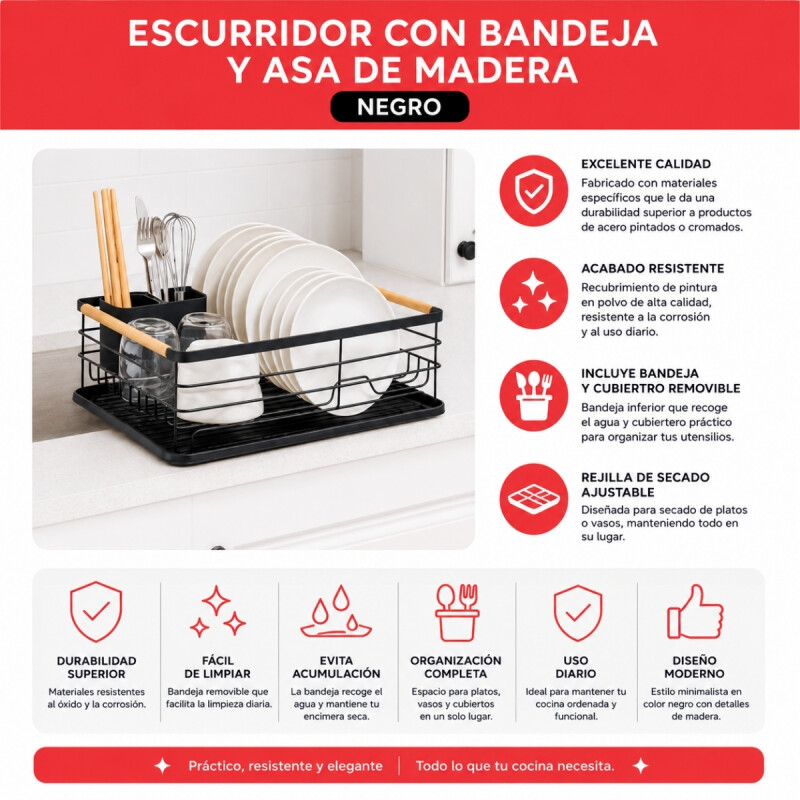 Escurridor con bandeja y asa de madera NEGRO