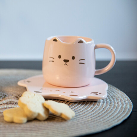 Taza Y Plato De Cerámica Gatito Rosado