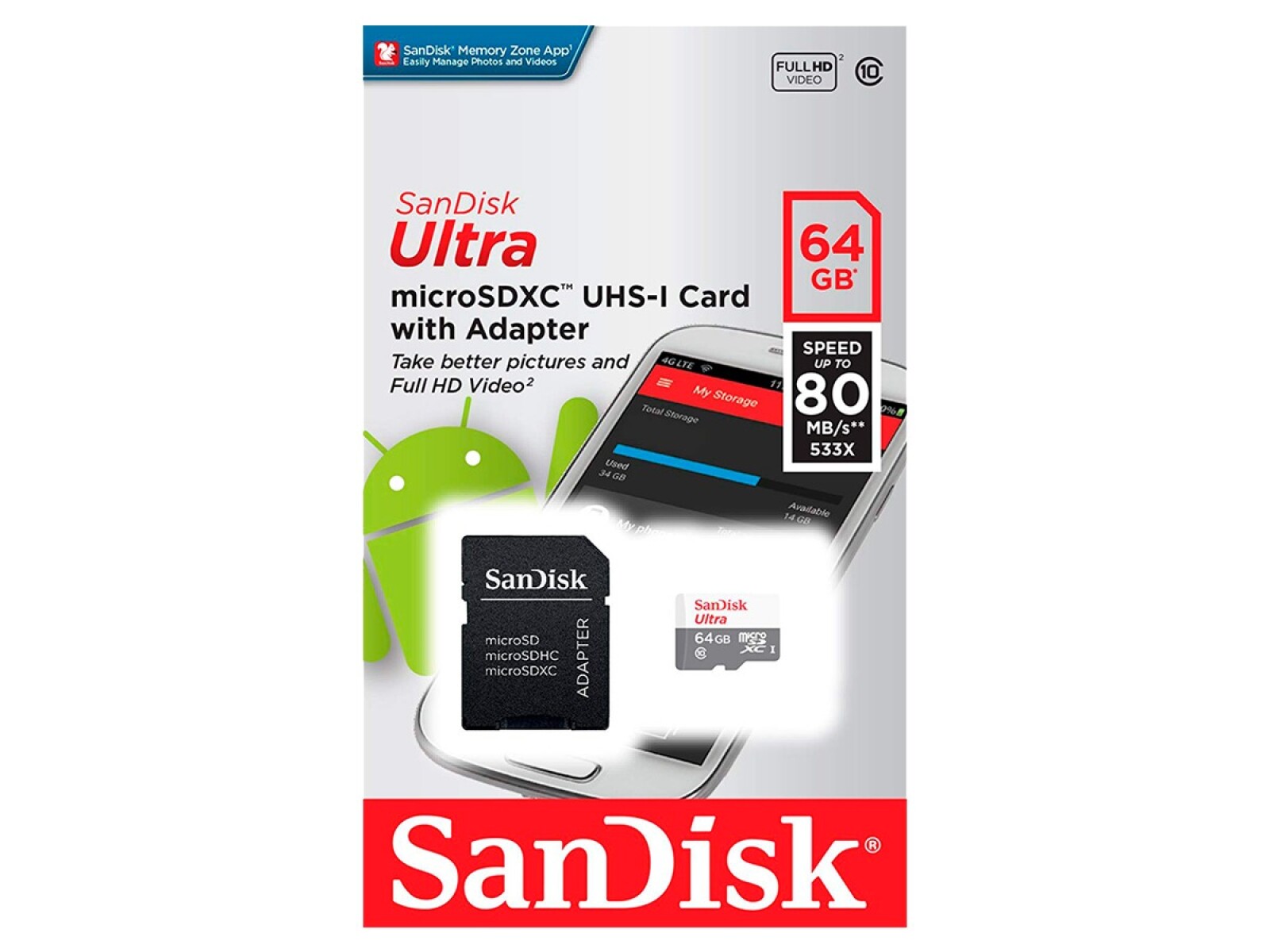 Tarjeta de Memoria MicroSD Clase 10 Ultra con Adaptador SD de 128GB SanDisk 