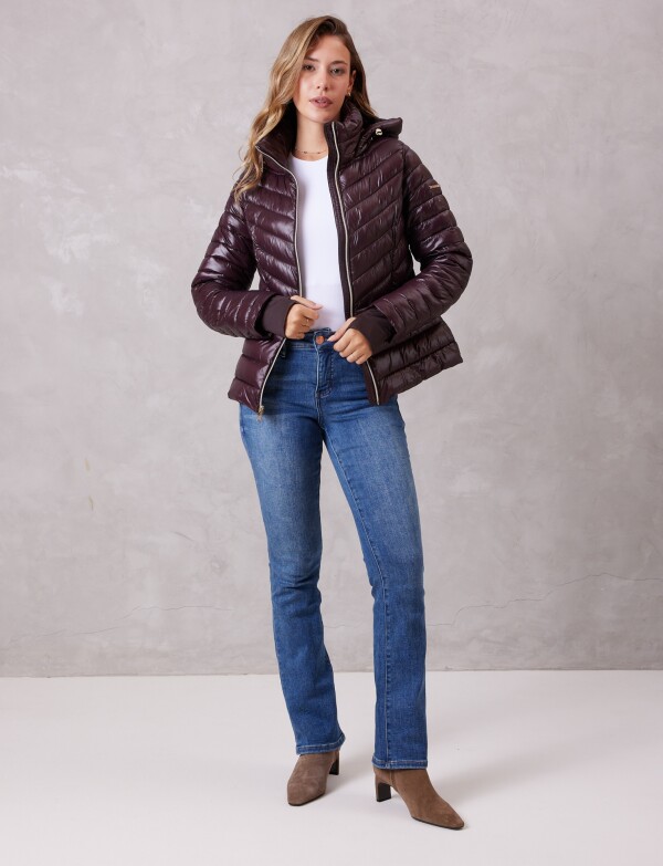 Campera Puffer Satinada Con Capucha Y Puños MARRON