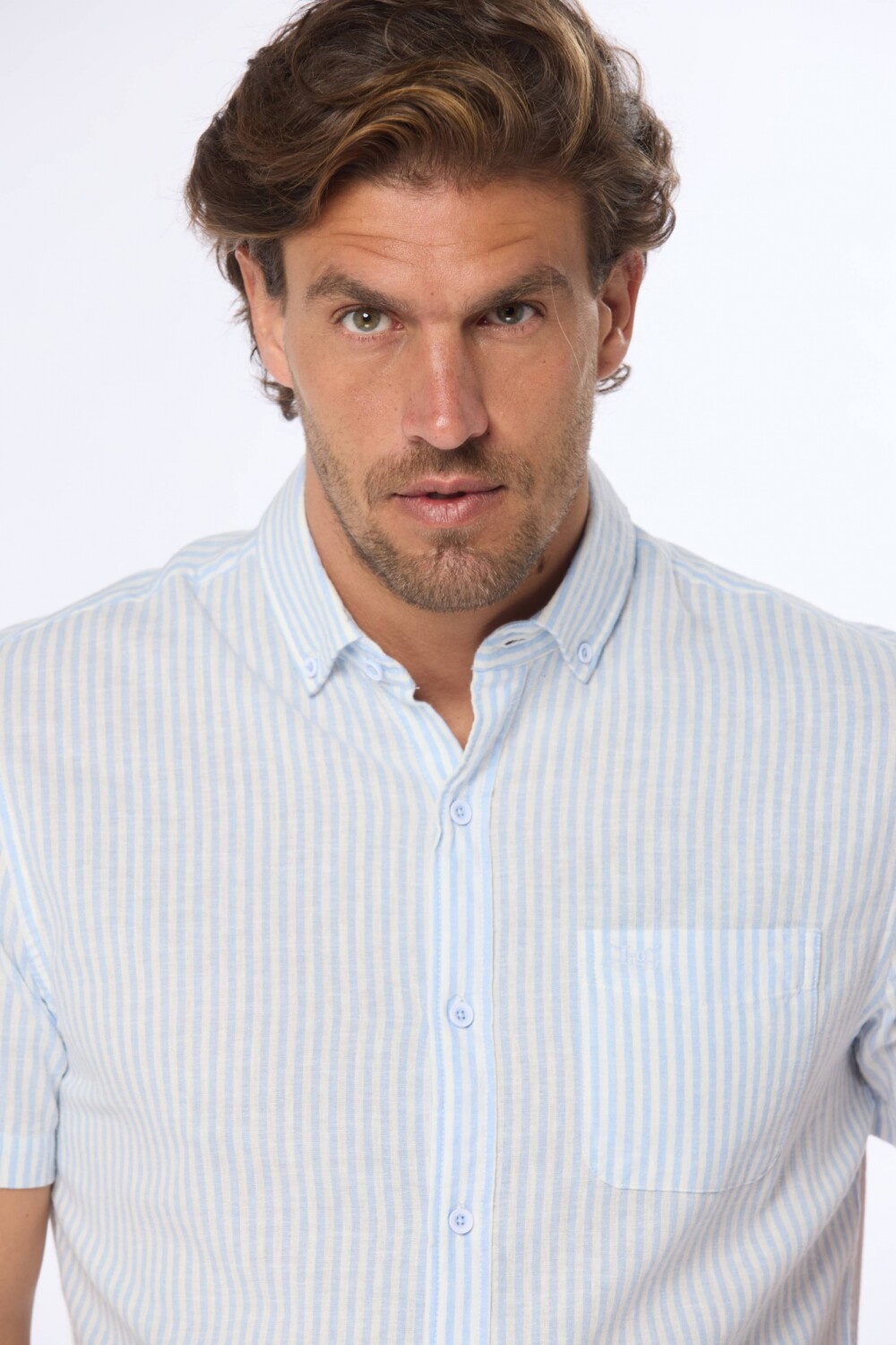CAMISA DE LINO RAYADA Azul