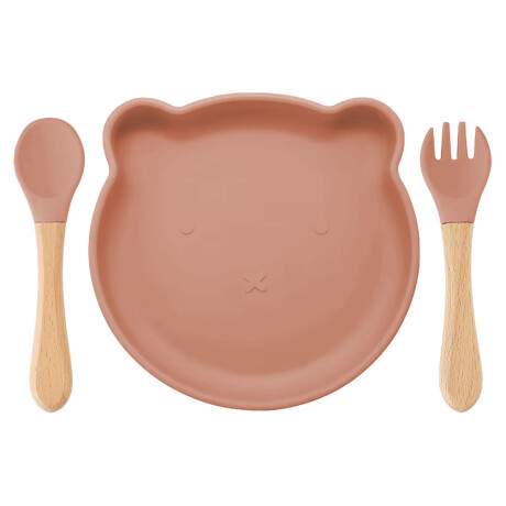 Set Comida Bebé Plato Cuchara Tenedor en Silicona Diseño Oso Salmón