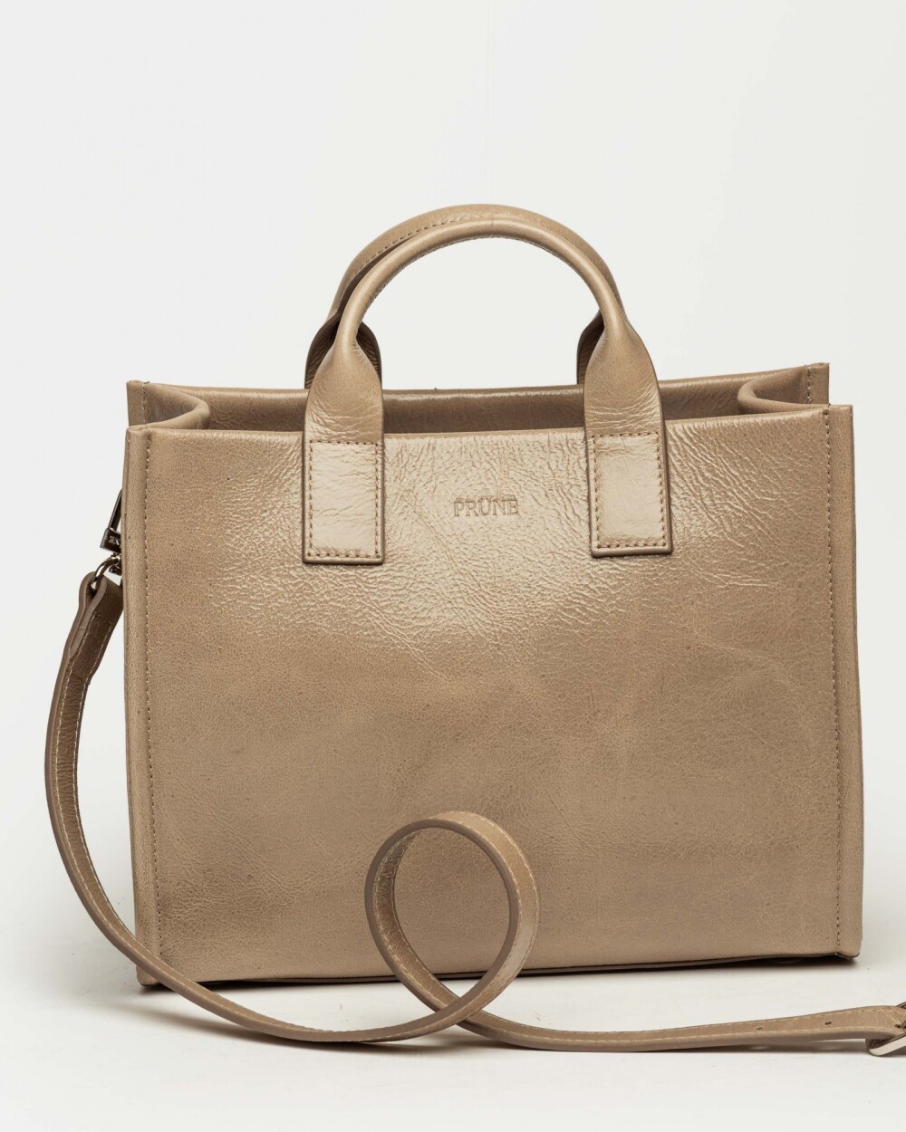 Cartera de mano Capri en cuero arrugado Taupe Niquel