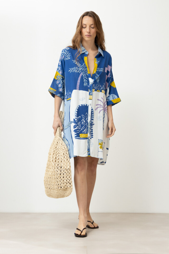 Vestido camisero con estampa paisaje Punta Ballena azul regata