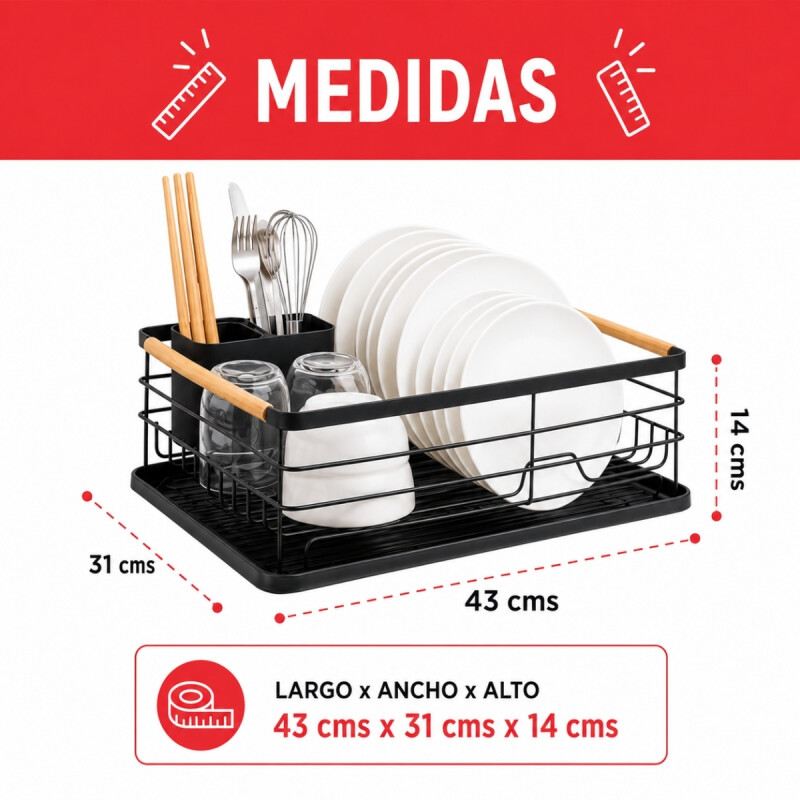 Escurridor con bandeja y asa de madera NEGRO