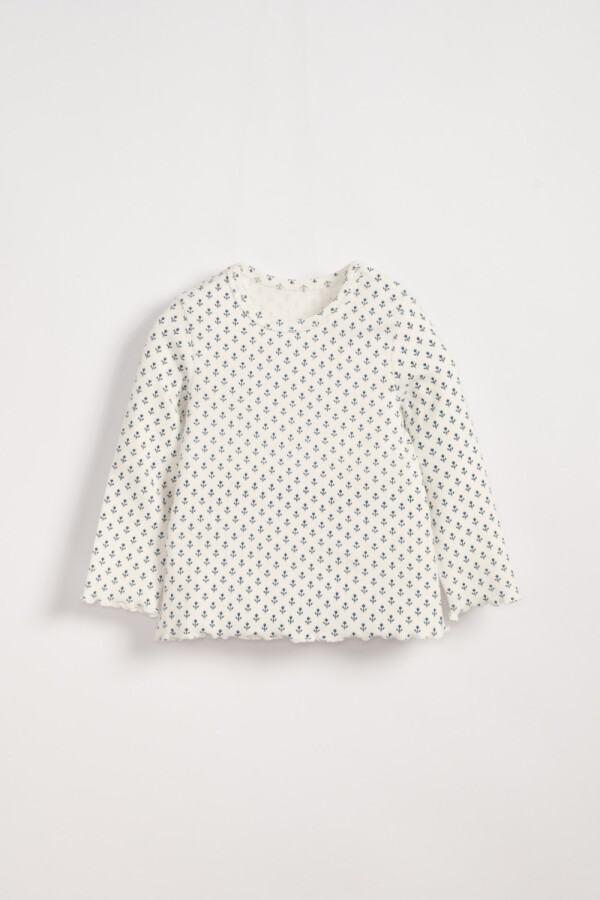 Remera manga larga en rib estampada Flores Blanco