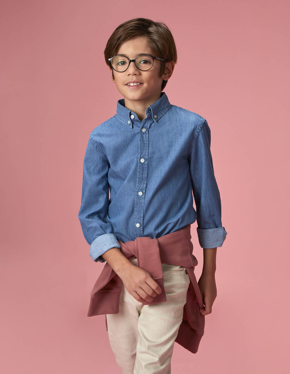 Camisa Vaquera Cuello Normal Con Tapeta - Azul Claro 