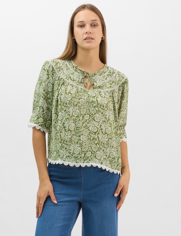 Blusa Con Detalle De Encaje Y Lazos VERDE/MULTI