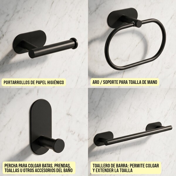 Set Accesorios De Baño Rollo Toalla Percha Juego 4 Piezas Adhesivo Acero Inoxidable Imback Color Negro Set Accesorios De Baño Rollo Toalla Percha Juego 4 Piezas Adhesivo Acero Inoxidable Imback Color Negro