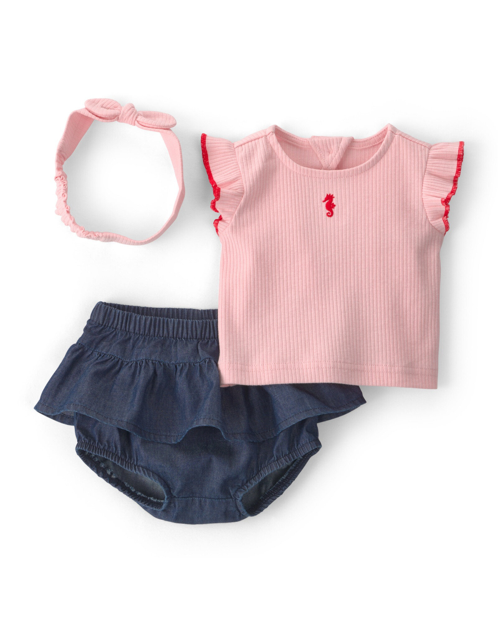 Set tres piezas, short de chambray más remera y vincha de algodón acanalado rosa Sin color