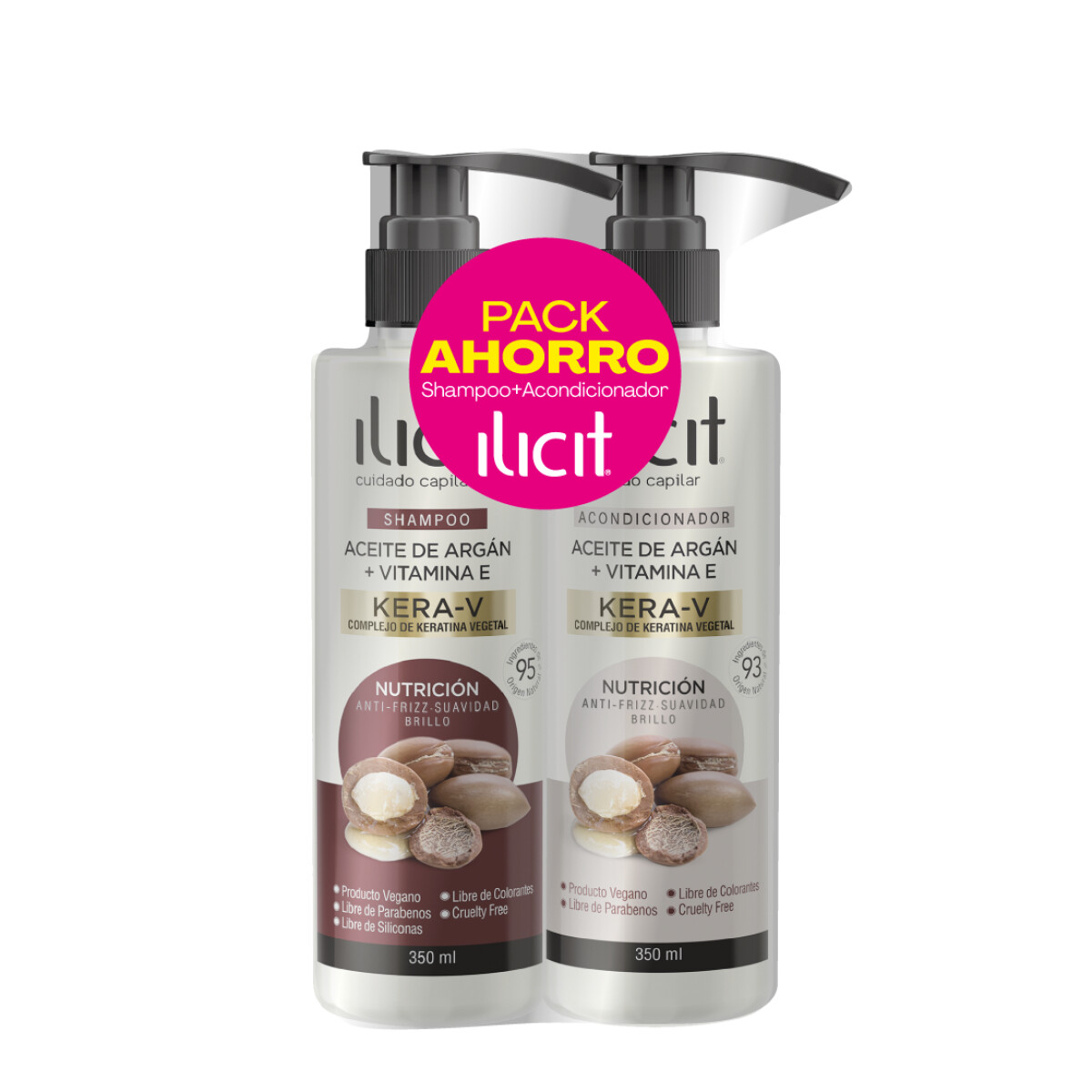 Pack Ilicit Shampoo 350 ml + Acondicionador 350 ml - Nutrición Aceite de Argán + Vitamina E 