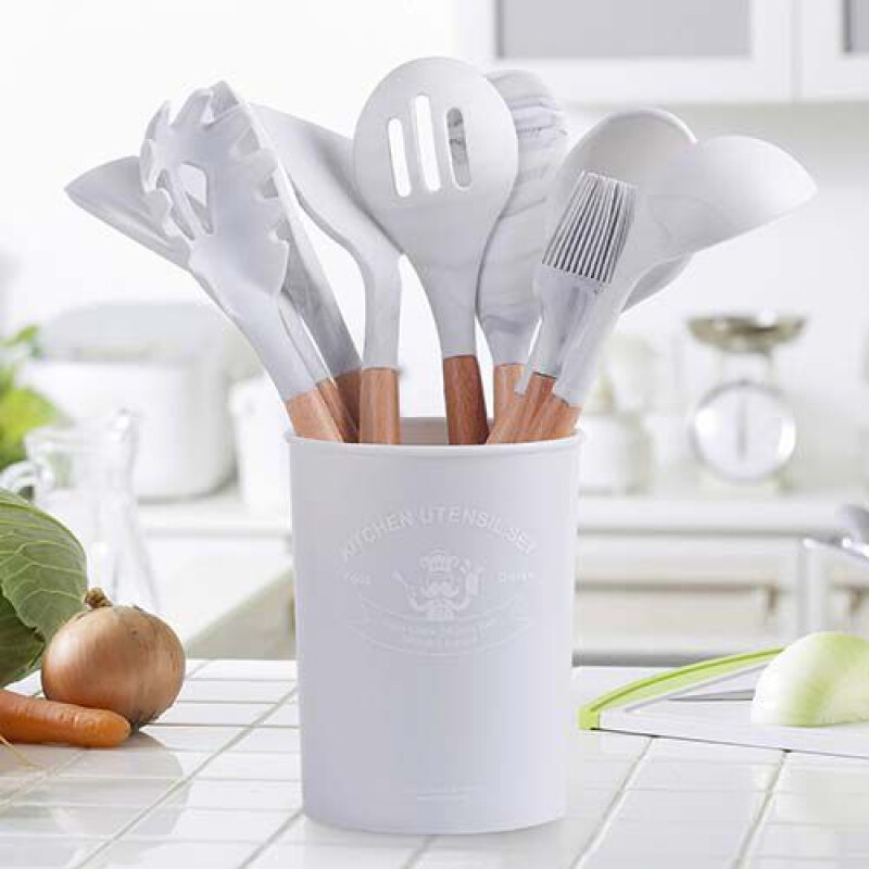 Utensilios para Cocina de Silicona y Mango de Madera 12 Piezas Marmol