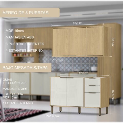 Bajo Mesada 120 cm 3 Puertas 2 Cajones y Aéreo 3 Puertas y Estantes Cocina Modular Gloria MDP 15mm y Pileta Tramontina Izquierda Bajo Mesada 120 cm 3 Puertas 2 Cajones y Aéreo 3 Puertas y Estantes Cocina Modular Gloria MDP 15mm y Pileta Tramontina Izquierda