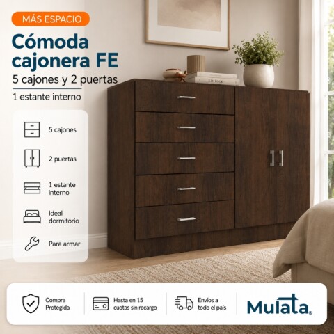 Comoda Cajonera para Dormitorio de 5 Cajones 2 Puertas y 1 Estante interno - FE - Marron Comoda Cajonera para Dormitorio de 5 Cajones 2 Puertas y 1 Estante interno - FE - Marron