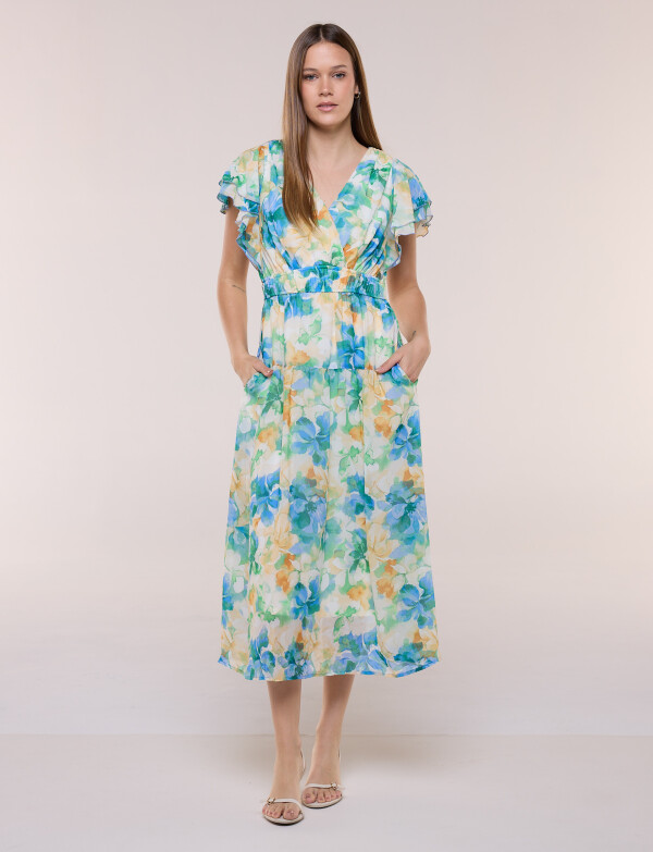 Vestido Midi De Gasa Con Mangas Con Volados MULTI/AZUL
