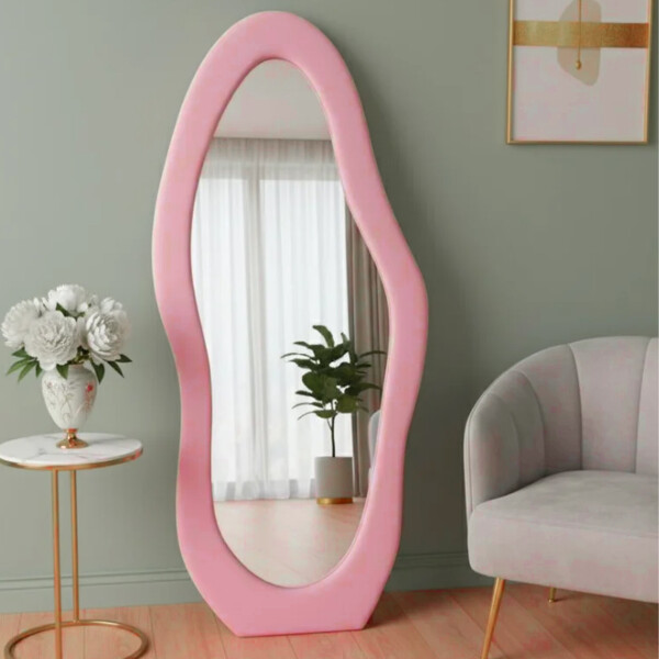 Espejo De Pie Irregular Terciopelo Acolchonado 1.60x0.60m Rosa