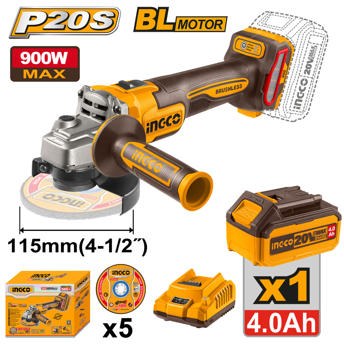 AMOLADORA ANGULAR 115MM A BATERIA P20S 20V BRUSHLESS + 5 DISCOS + BAT 4.0AH + CA 