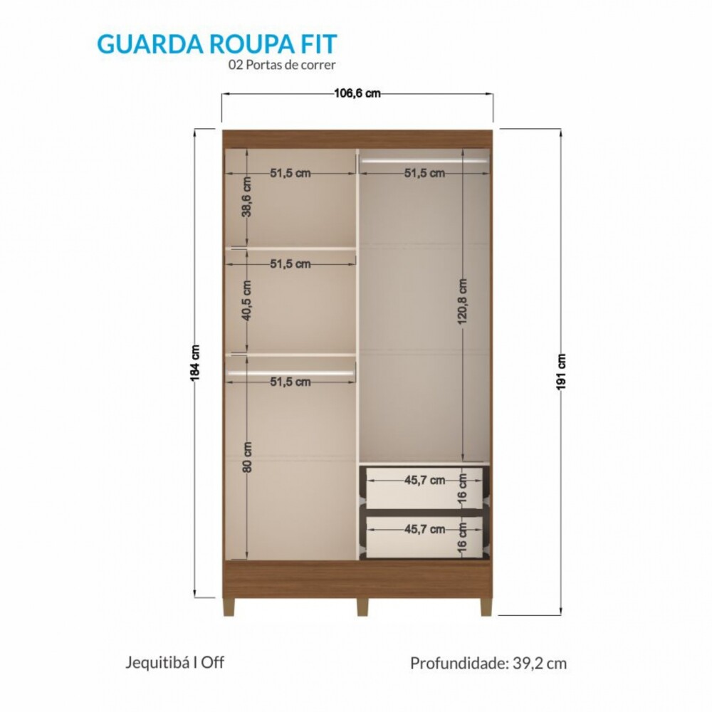 Ropero 2 puertas 2 cajones - Terminación Jequitibá Claro - Linea FIT Ropero 2 puertas 2 cajones - Terminación Jequitibá Claro - Linea FIT