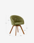 Silla giratoria Marvin chenilla verde y patas de madera maciza de haya acabado nogal