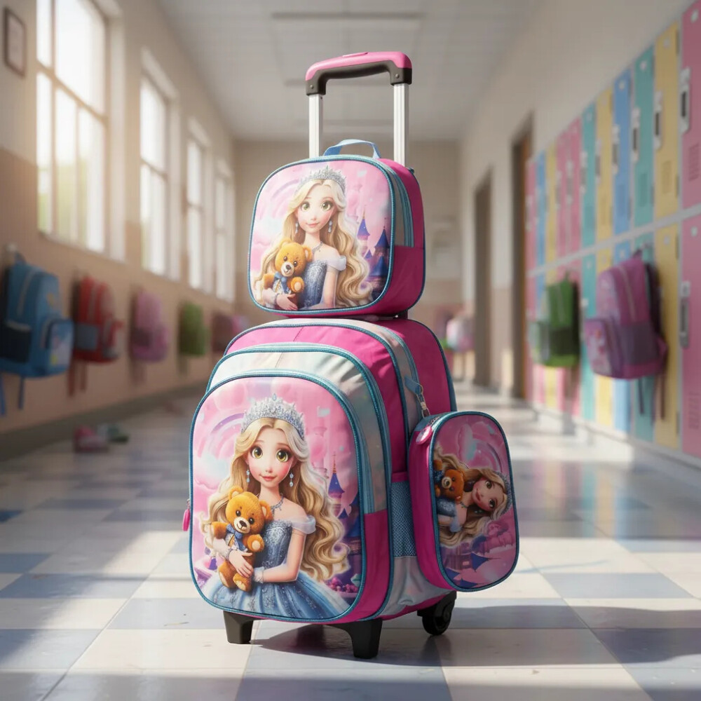 Mochila con carrito, lonchera y cartuchera. Princesa oso marrón
