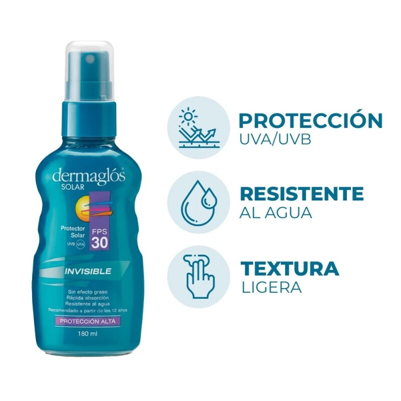 Protector solar FPS 30 Dermaglós en aerosol invisible 180 cc. Protector solar FPS 30 Dermaglós en aerosol invisible 180 cc.
