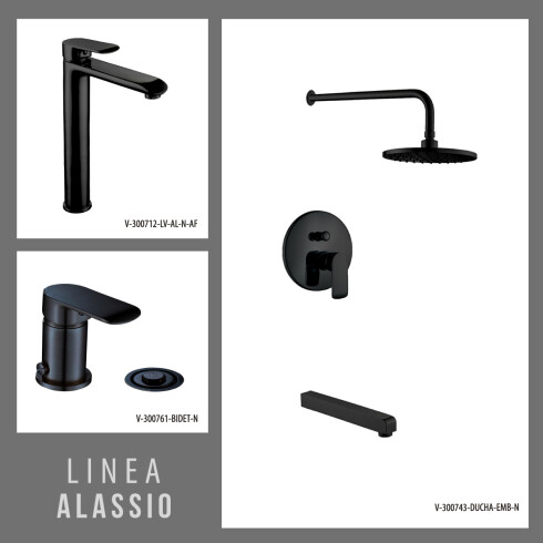 Juego Completo De Griferia Para Baño, Incluye Lavatorio Alto Apertura En Frio, Bidet Y Ducha De Embutir, Negro Mate, Linea Alass NEGRO