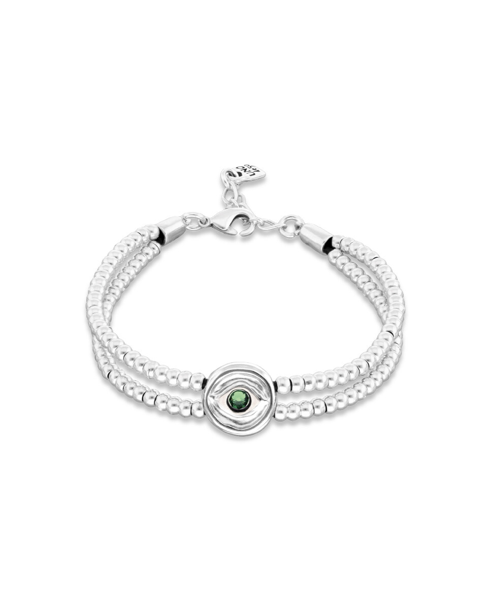 PULSERA DE BOLAS DOBLE DE ALEACIÓN DE METALES BAÑADA EN PLATA CON DETALLE DE OJO Y CRISTAL EN VERDE - Pulsera 