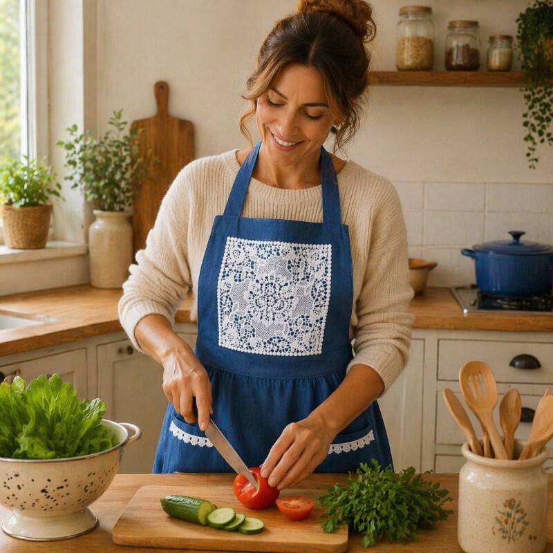 Delantal de Cocina en Algodón con Detalles en Puntilla Azul