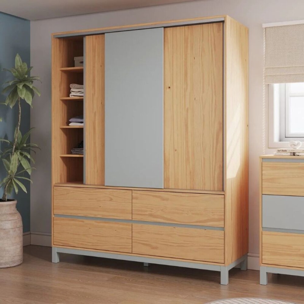 Ropero 3 Puertas - Madera Maciza Pino/Gris - Square Ropero 3 Puertas - Madera Maciza Pino/Gris - Square