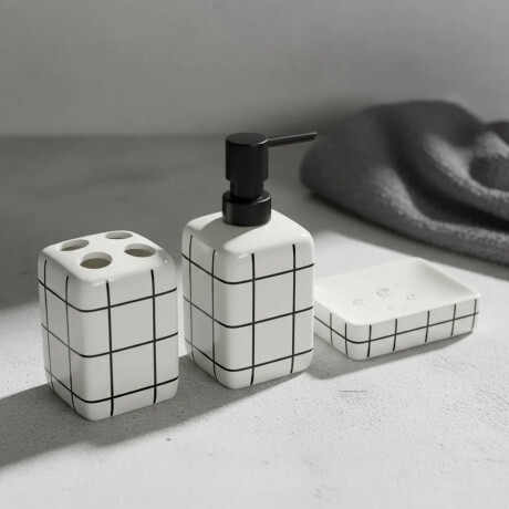 Set Baño 3Pzas Cuadriculado Cerámica Jaboneras Portacepillos Blanco/negro