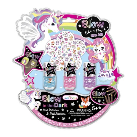 Kit Niñas Glow Dark de 3 Esmaltes y Stickers p/ Uñas + Lima Multicolor