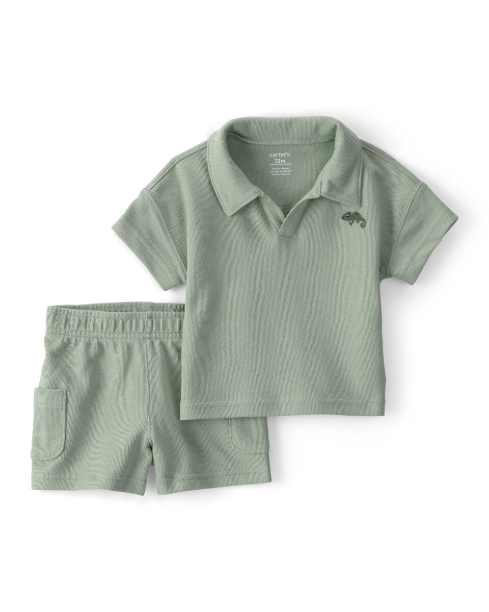 Set dos piezas de algodón, short y remera, verde, iguana bordada. Talles 6-24M 