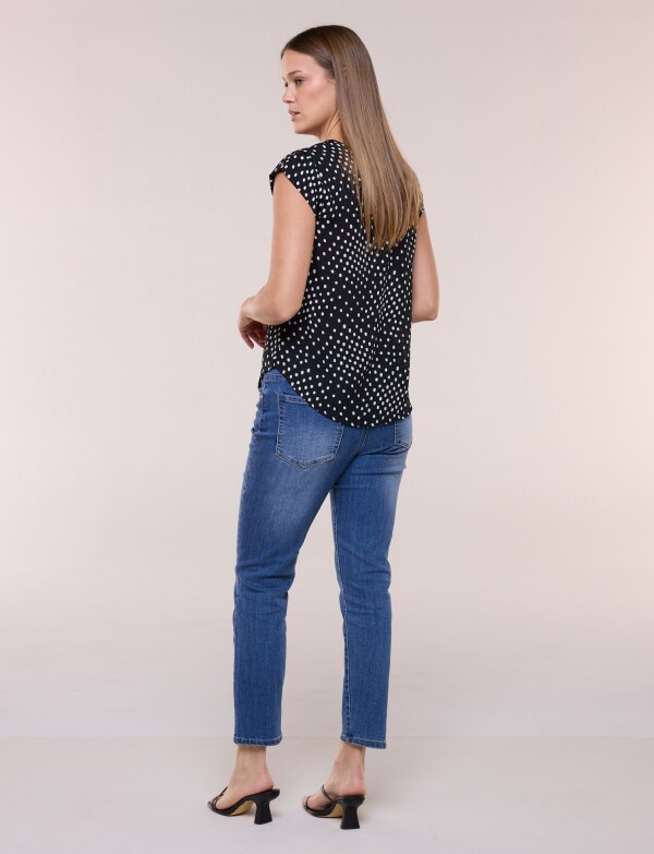 Blusa De Gasa Manga Corta Con Bolsillo Frontal NEGRO/BLANCO