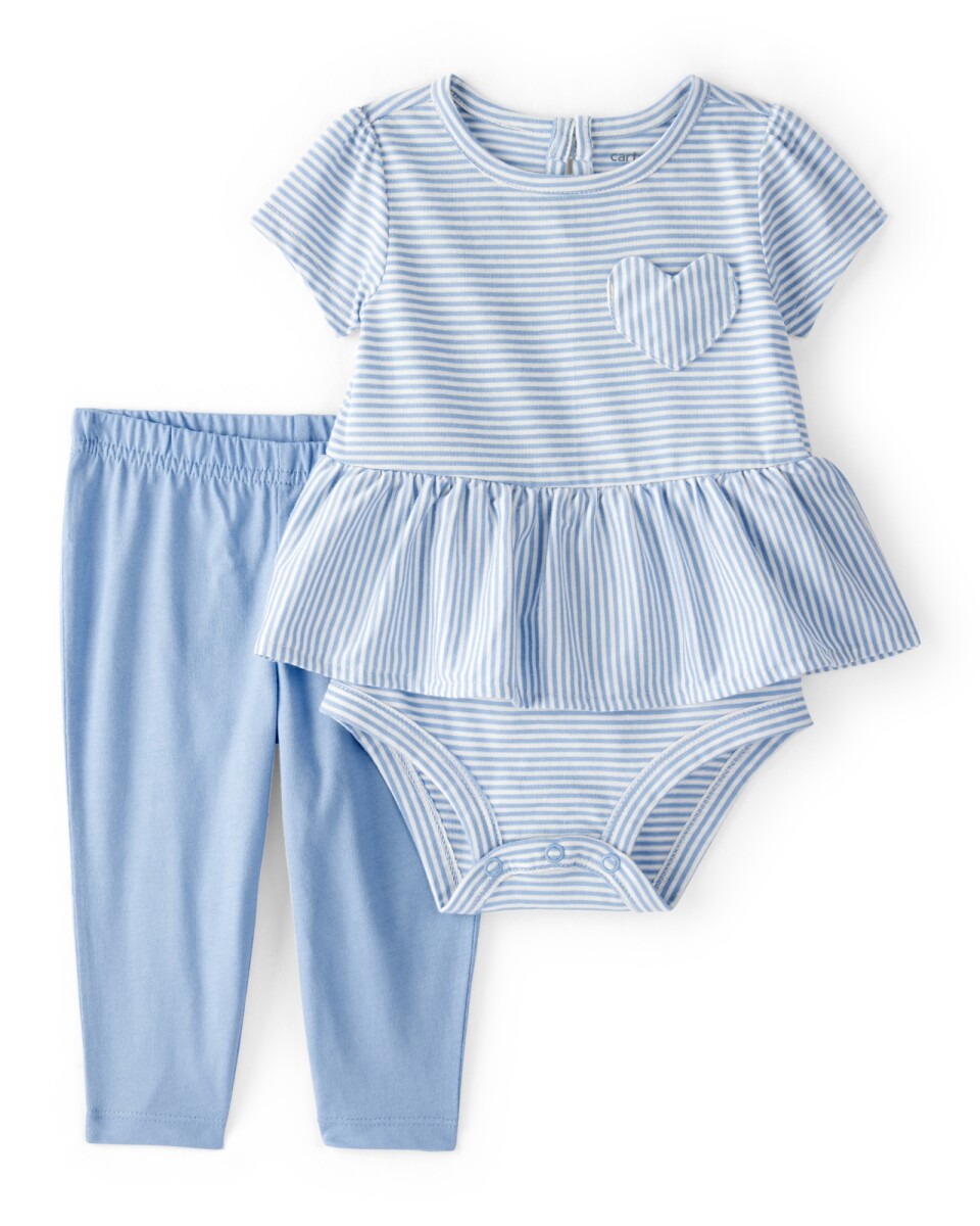 Set dos piezas de algodón, pantalón y body con volados y corazón, azul 