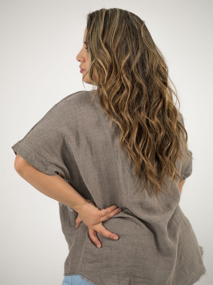 Blusa 100% lino Con strass bordado y lentejuelas Visón