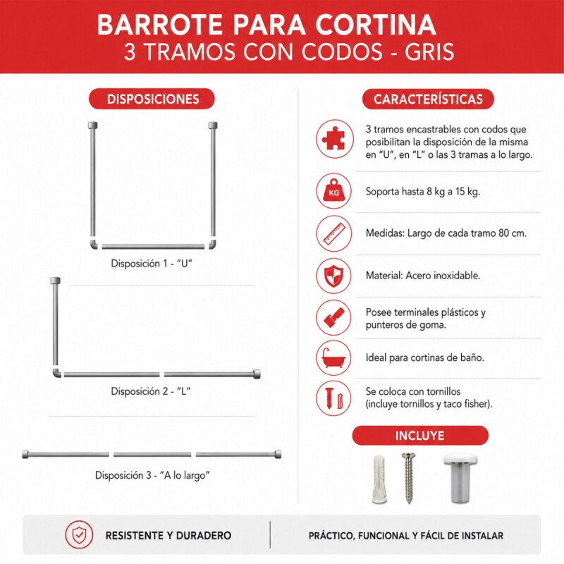 Barrote para cortina 3 tramos con codos GRIS