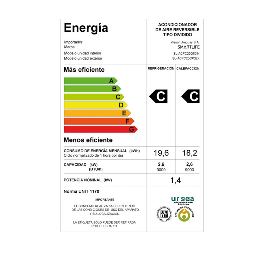AIRE ACONDICIONADO SMARTLIFE 9000-BTU ON/OFF SL-ACFC2509C