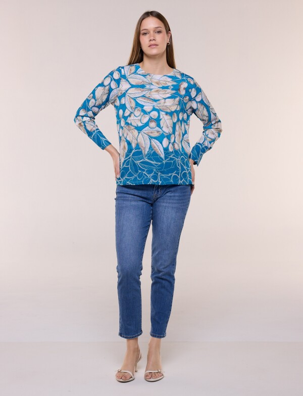 Blusa De Caída Fluida Con Escote Redondo TURQUESA/MULTI