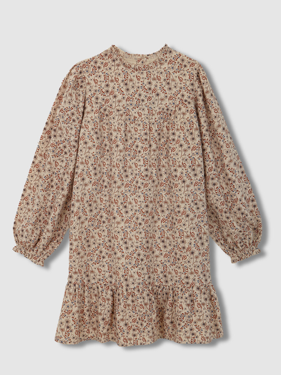 Vestido Estampado Con Volante Arena Claro