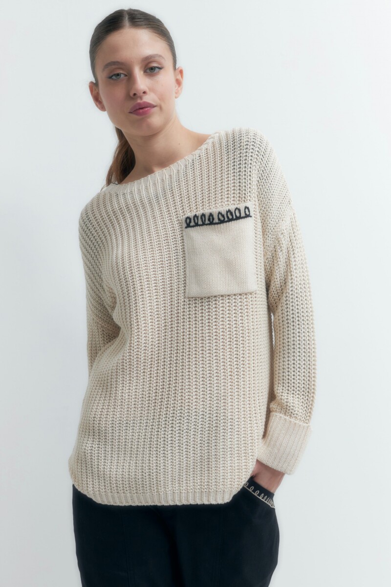 Sweater con bolsillo bordado beige