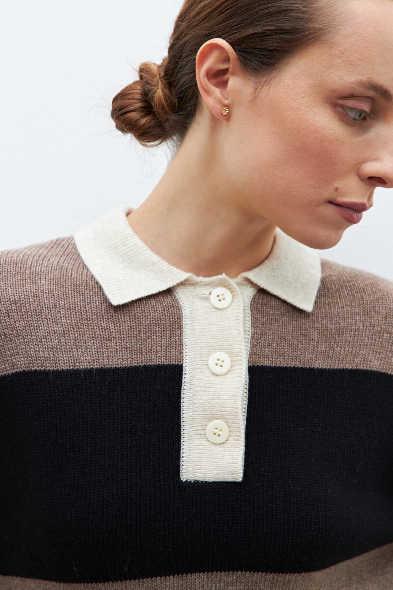 Sweater rayado cuello polo beige melange