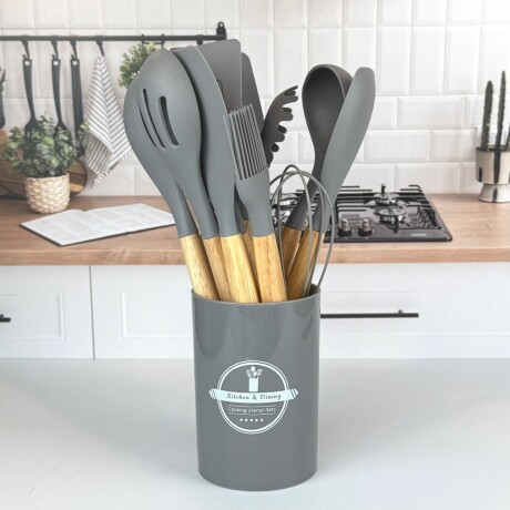 Set de Utensilios de Cocina de Silicona con Mango de Madera – 12 Piezas | GRIS CLARO Set de Utensilios de Cocina de Silicona con Mango de Madera – 12 Piezas | GRIS CLARO